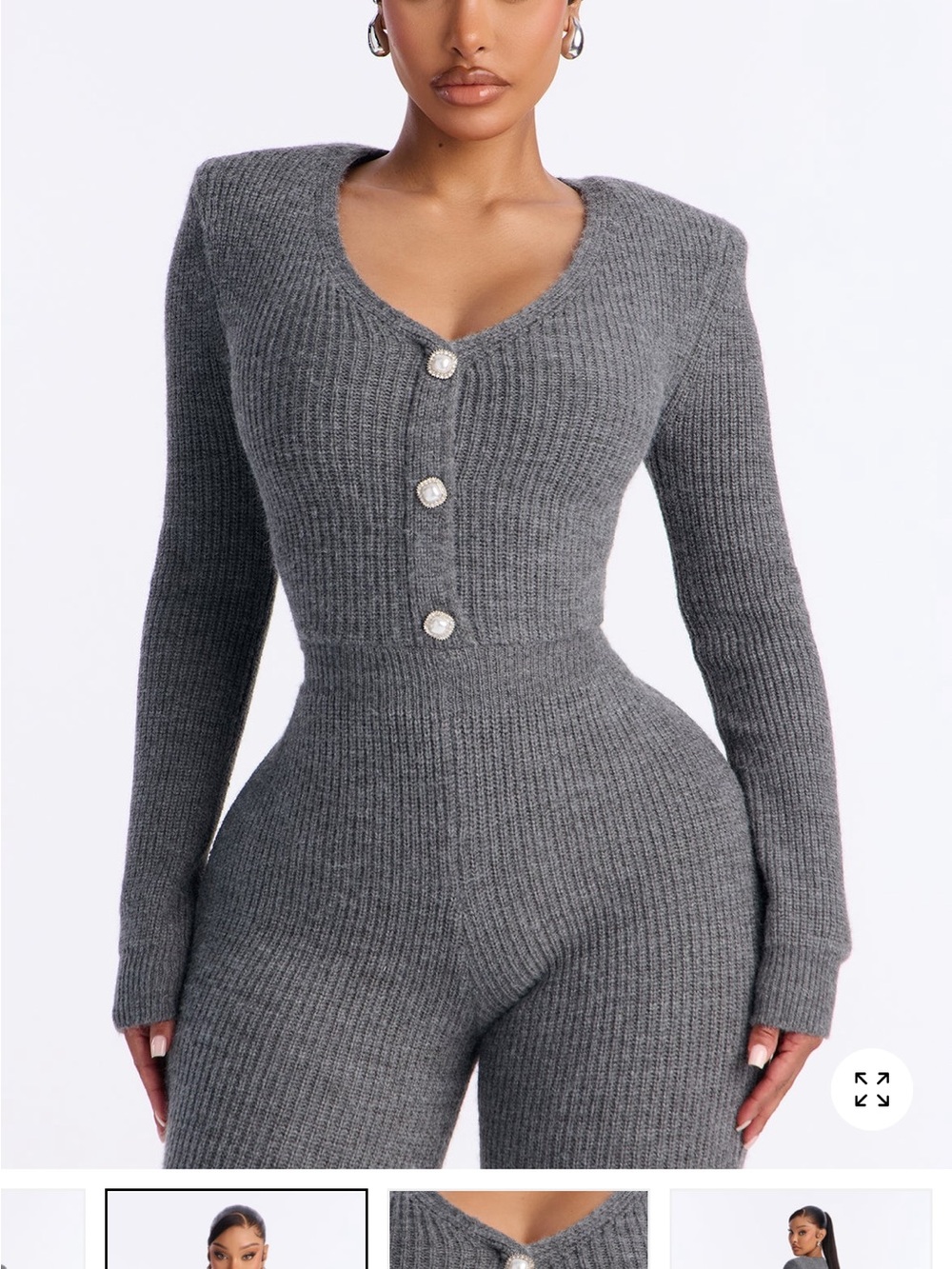 Ribbed Gray Knit Long-Sleeve Jumpsuit with Button Front
